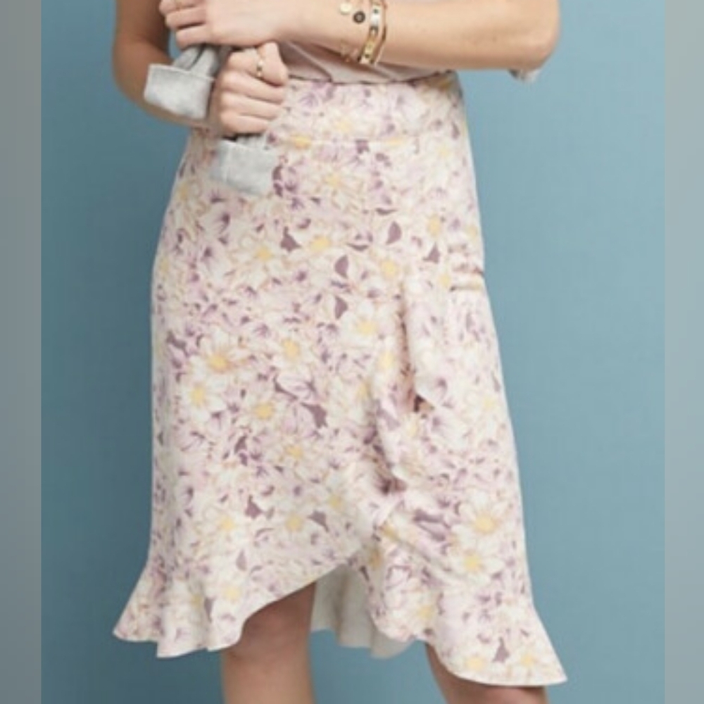 Anthropologie Lilac and Cream Floral A-Line Skirt